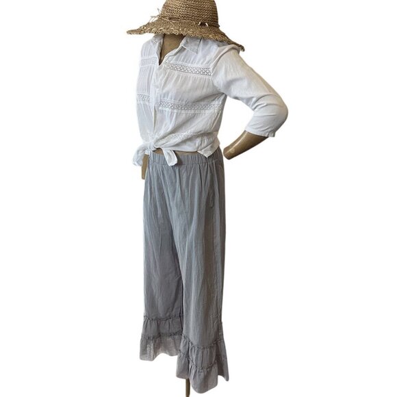 Beachy 3-Piece Set: Crop Ruffle Pant Linen Button-Up Top Sz S Seagrass Hat 329A - Picture 5 of 16